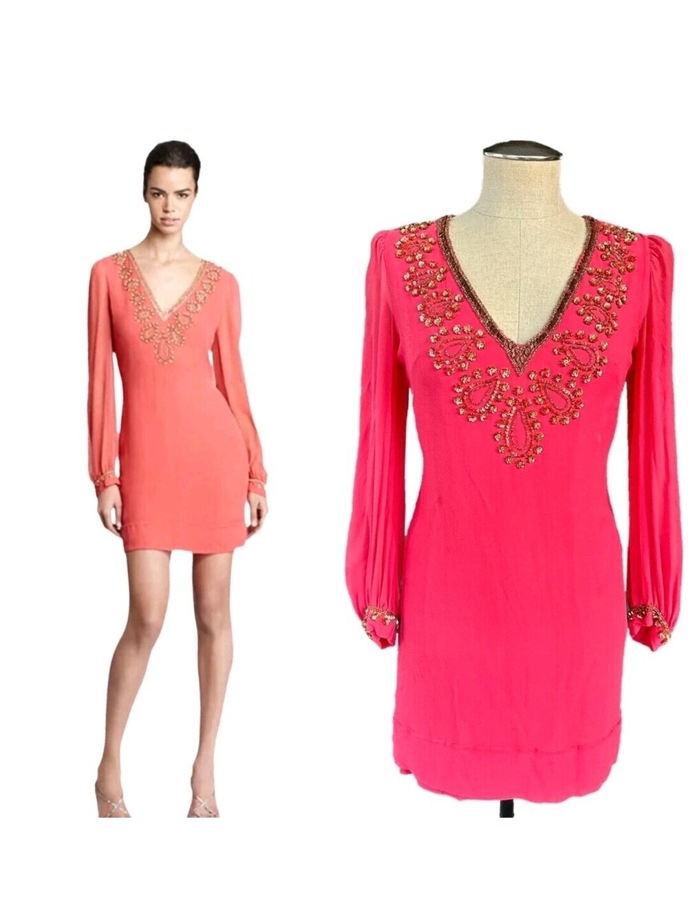French Connection Silk Dress Womens 6 Georgette Sequined Coral Shift Embroidered